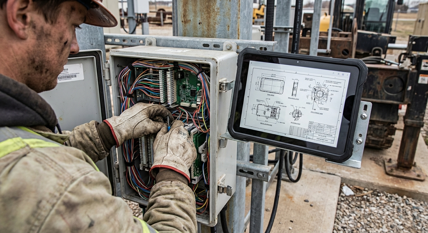 Field technician using hands-free AI tablet during equipment repair